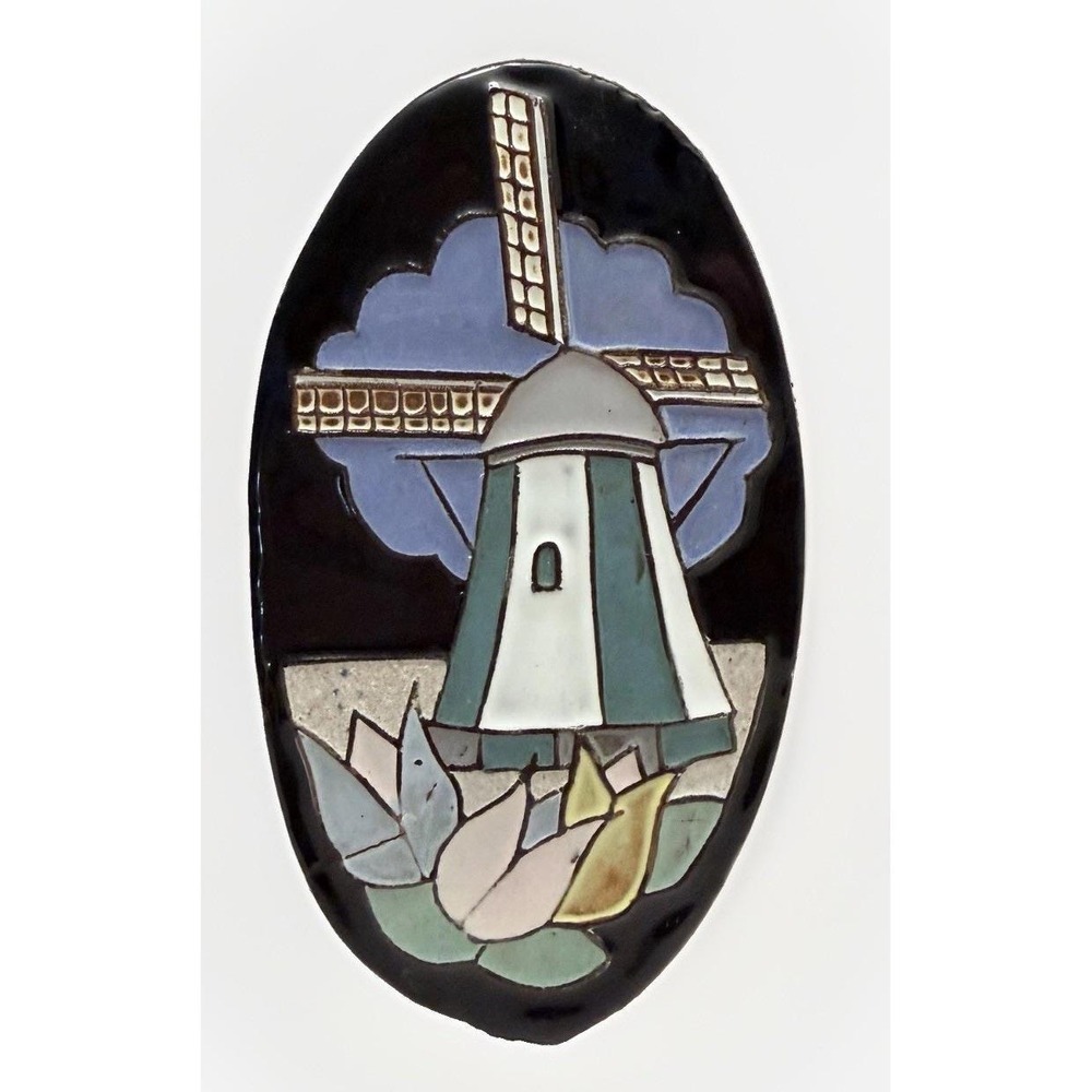 VTG Dutch Cloisonne Ceramic Tile Oval Windmill Henk Potters Pottenbakkerij Rare
